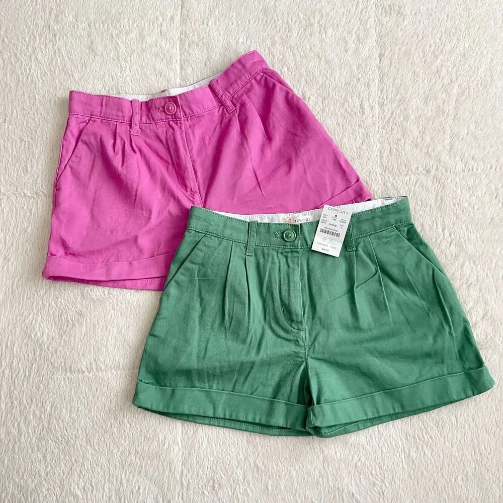 Crewcuts Girls Chino Shorts Bundle Kids Size 8 Green Pink Adjustable Waist
